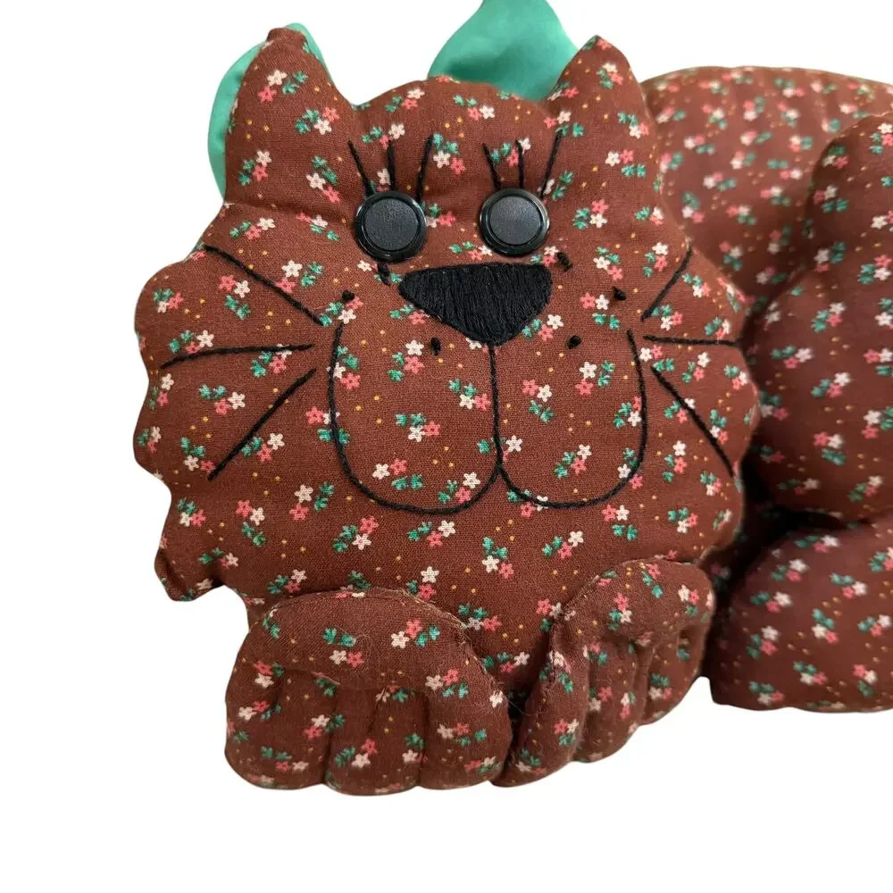 Handmade Cat Pillow Plush Calico Floral Brown Calico Fabric Shelf Sitter Retro